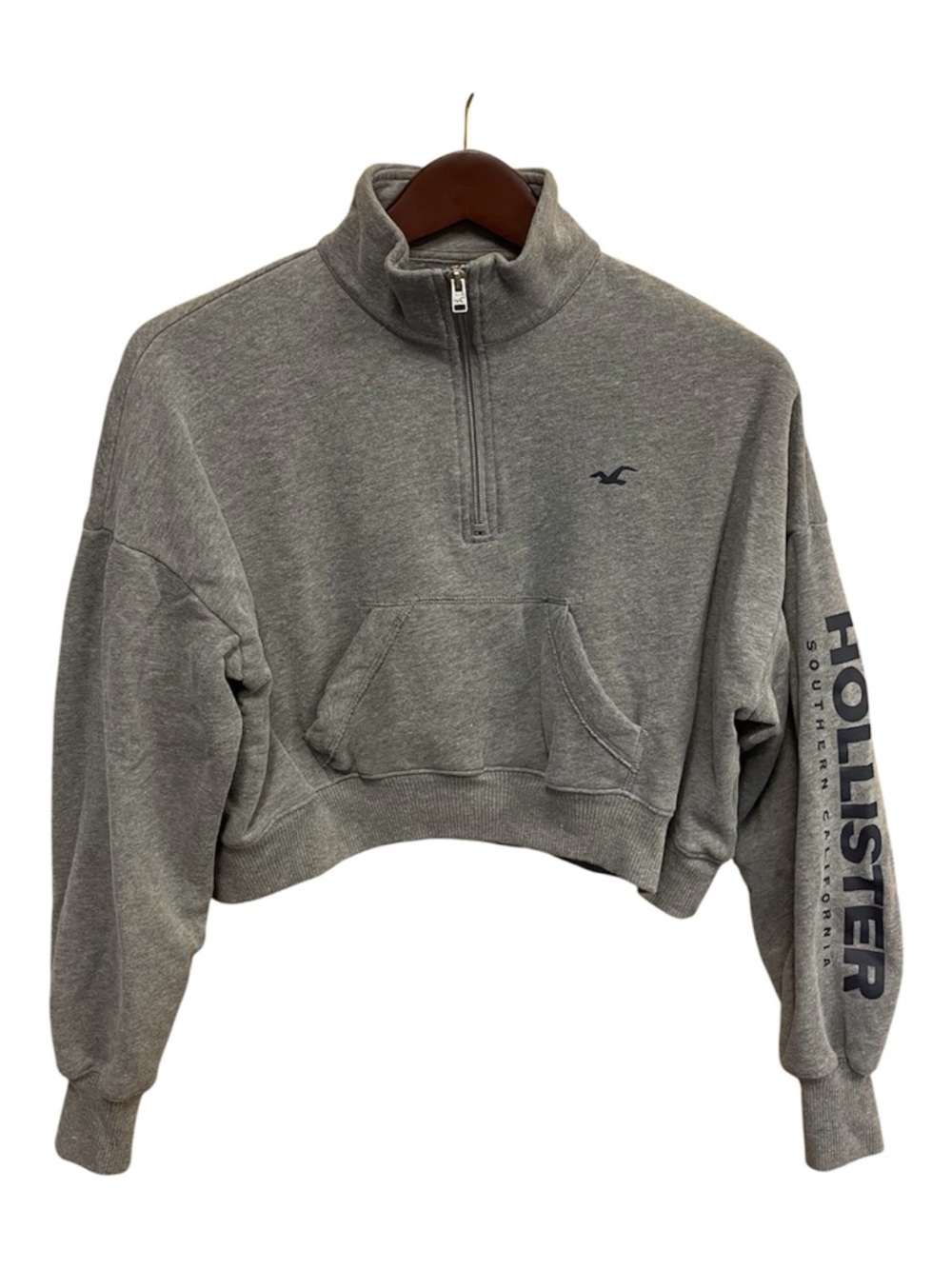 Hollister Gray Cropped 1/2 Zip Sweatshirt XS Logo Sleeve Pullover